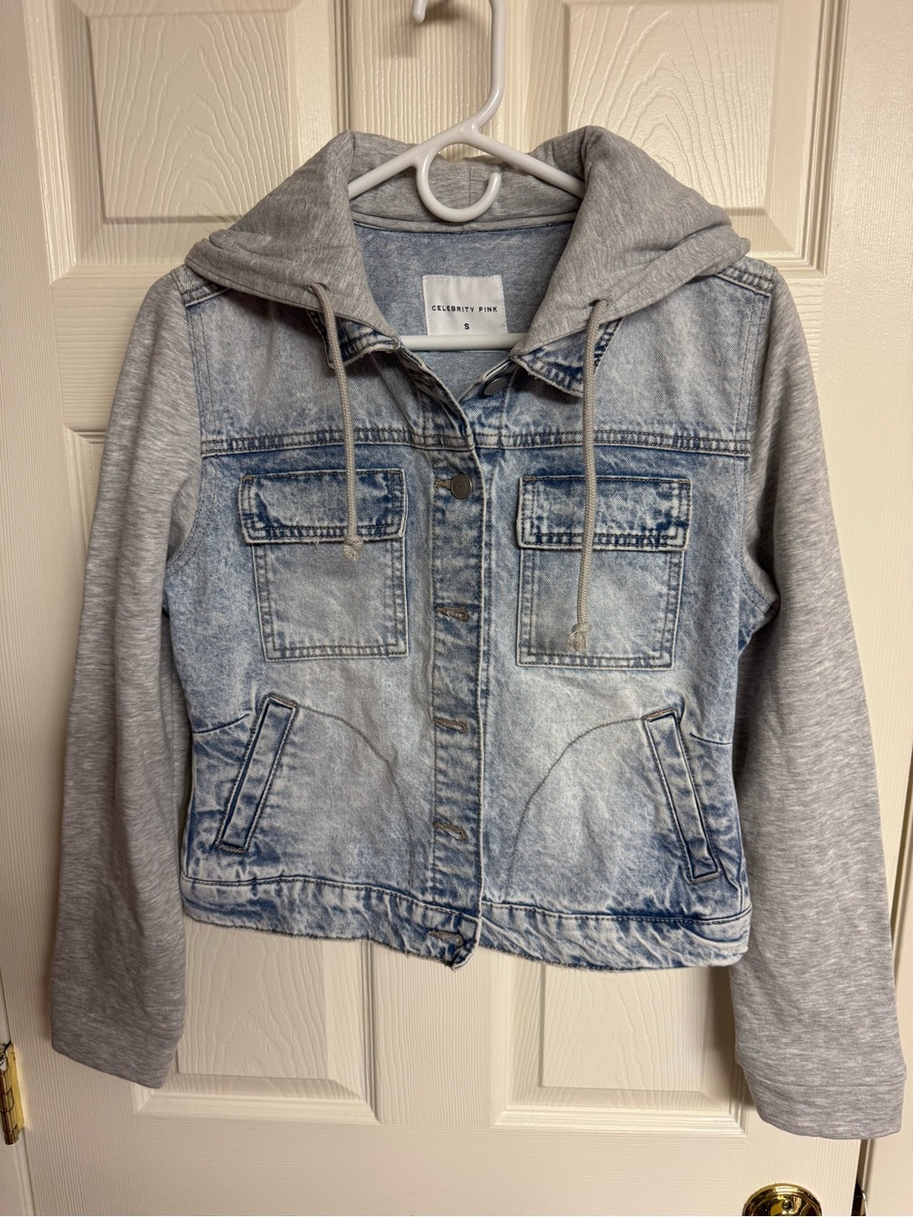 Celebrity Pink Light Wash Denim Jacket with Gray Hoodie Sleeves